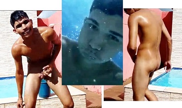 Twink meets the challenge of taking a naked bath in the pool
