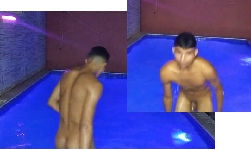 Boy bathing naked in friend pool