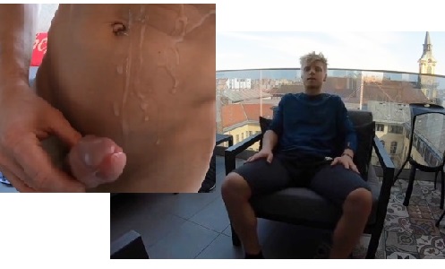Cute blond boy wanks and explodes on the balcony