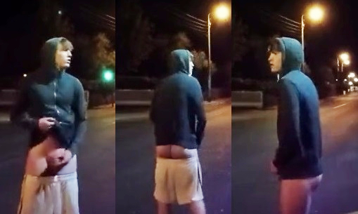 Naked boy nighttime street wank