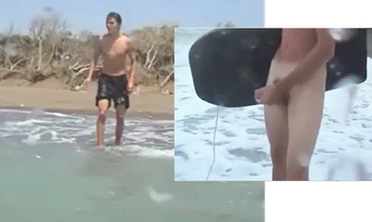 Straight surfer boy jerks off in front of his friend