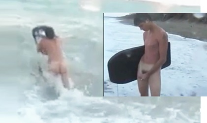 Straight young surfer wank cums by water