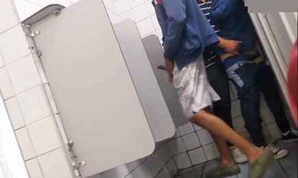 Young straight boy wanks while watching friends fucking in public bathroom