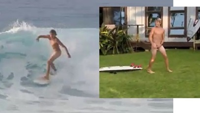 Young blond boy surfs naked in front of his friends