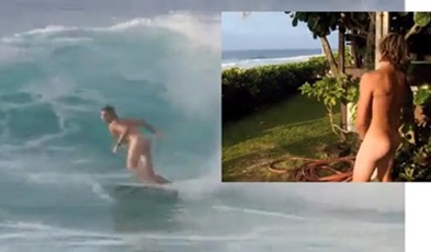 Young surfer accepts challenge to surf naked